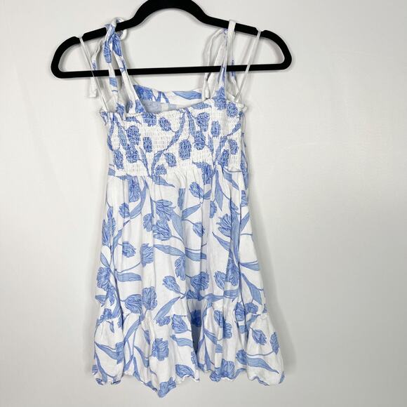 Emily McCarthy Girls M Blue White Mini Maxi Dress Tulip Twist Floral Tie Sleeves - Picture 2 of 11